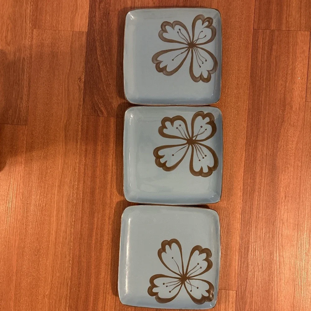 Pier 1 Hibiscus Square Stoneware Plates Set of 3 Blue Brown Floral